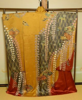 Furisode Silk Kimono Women Japanese Vintage Robe Fan Flower 155cm /740