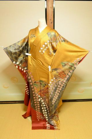 Furisode Silk Kimono Women Japanese Vintage Robe Fan Flower 155cm /740 2