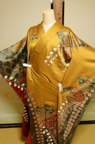 Furisode Silk Kimono Women Japanese Vintage Robe Fan Flower 155cm /740 3