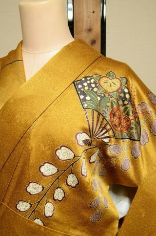 Furisode Silk Kimono Women Japanese Vintage Robe Fan Flower 155cm /740 4