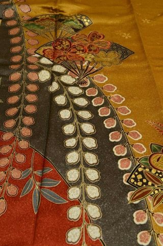 Furisode Silk Kimono Women Japanese Vintage Robe Fan Flower 155cm /740 7