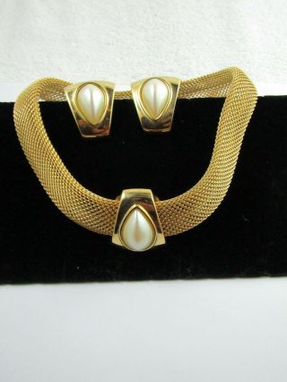 Vintage Givenchy Faux Pearl Mesh Gold Tone Couture Necklace & Earring Set