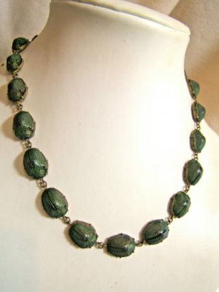 Vintage Antique Real Green Beetle Scarab Necklace 15.  5 "