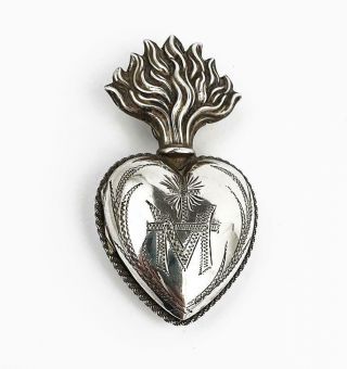 Antique French Silver Sacred Heart Pendant / Box C1920