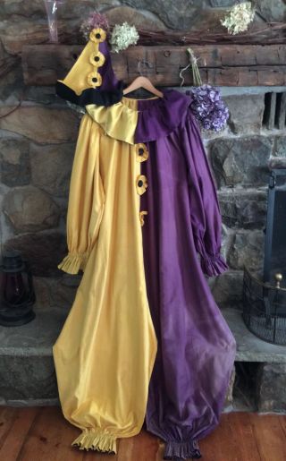 Antique Vtg " Mardi Gras " Halloween Clown Costume Handmade Yellow & Purple W Hat
