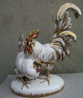 Guido Cacciapuoti Rooster Hen Porcelain Vintage Italy Gilt farm country Chicken 4
