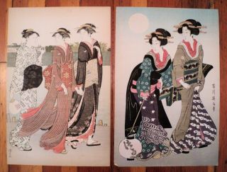 2 Antique Vtg Japanese Woodblock Prints Of Women Originals - By Eizan & Kiyonaga