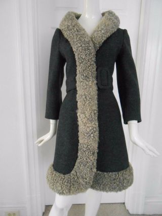 Vintage 50s 60s Lilli Ann Grey Wool Belted Coat Trimmed In Curly Lamb