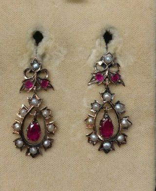Antique 14k Yellow Gold Ruby And Seed Pearl Earrings