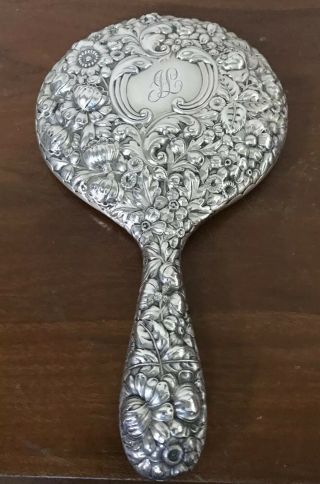 Antique Gorham Sterling Silver Repousse Hand Mirror Detailed Flower Monogram 10”