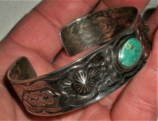 C.  1930 Navajo Sterling Silver Turquoise Bracelet Snake & Repousse Stamp Vafo