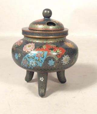 Antique Fine Quality Japanese Cloisonne Incense Burner Censure W Floral Design