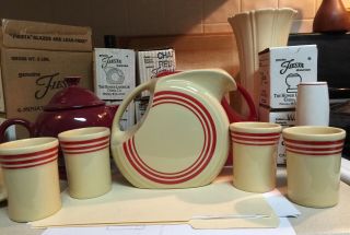 Fiestaware Red Striped Ivory Water Pitcher With 4 Tumblers - Rare