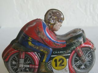 Vtg 1950 ' s TPS CHAMPION 12 MOTORCYCLE RACER TIN LITHO WIND - UP MADE IN JAPAN TOY 2