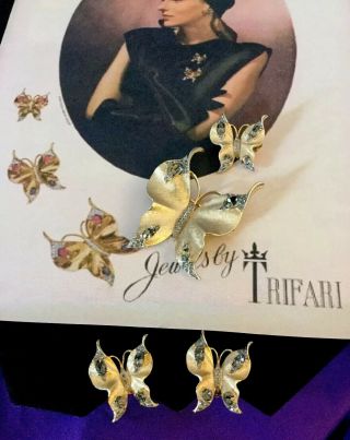 Vintage Crown Trifari Signed Gray Rhinestones Butterfly Brooches W/ Earrings