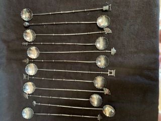 12 Antique Japanese 950 Sterling Silver Cocktail Spoons Stirrers 7.  5”