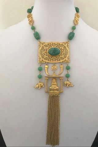 Goldette Rare Vintage Asian Buddist Faux Jade Tassle Necklace