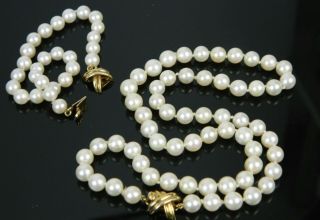 Vtg 14k Yellow Gold Cultured Pearl 6mm Handknotted Bracelet & Necklace Set