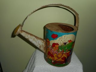 Vintage Childs Lithograph Tin Watering Can With Children