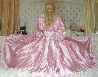 Sian Ravelle Luxury Pink White Satin Frilly Bespoke Dressing Gown Sissy Robe