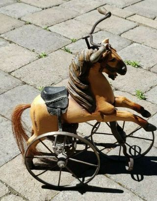 Antique Hand Carved Horse On A Brass Tricycle Toy Leather Saddle