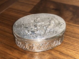 Antique Solid Silver Oval Continental Snuff Box With Embossed Animals & People