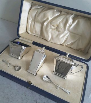 Stylish,  Cased Deco Vintage Solid Silver 3 - Pce.  Condiment Set.  Birm.  1930.