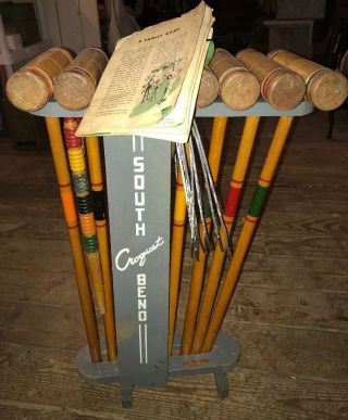 ‘40s Vintage Antique South Bend Toy Croquet Set 6 Person Solid Wood W Stand