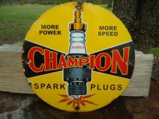 Old Vintage 19657 Champion Spark Plug Porcelain Gas Pump Sign