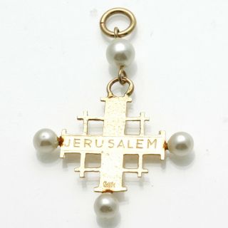 Vintage Pearl Jerusalem Cross Pendant 14k Yellow Gold Made In Israel Estate