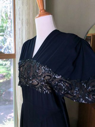 40s Foxbrownie Dress Navy Blue Crepe Sequins Designer Couture 1940s Vintage Gown