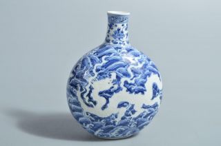 T5004: Chinese Blue&white Dragon Wave Pattern Flower Vase Ikebana
