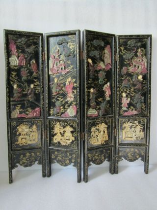 Antique Chinese Coromandel Carved Lacquer On Wood Fourfold Table Screen
