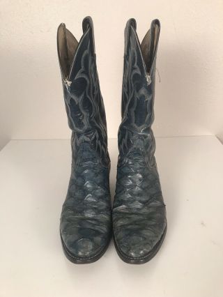 Tony Lama Blue Rare Exotic Leather Black Label Vintage Cowboy Boots Sz 8 D