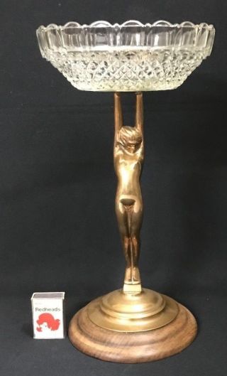 1930 ' S ART DECO NUDE BRASS DIANA CENTRE PIECE HOB NAIL GLASS BOWL WOODEN BASE 2