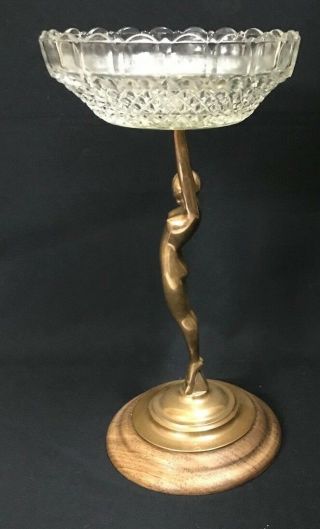 1930 ' S ART DECO NUDE BRASS DIANA CENTRE PIECE HOB NAIL GLASS BOWL WOODEN BASE 4