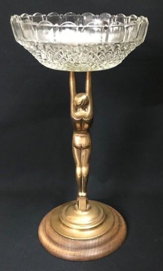1930 ' S ART DECO NUDE BRASS DIANA CENTRE PIECE HOB NAIL GLASS BOWL WOODEN BASE 5