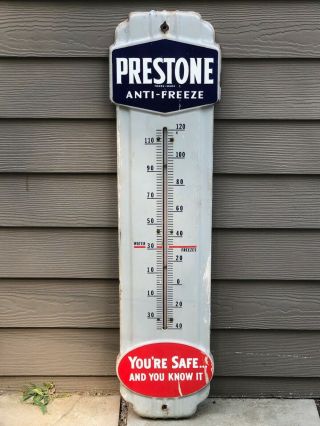 Vintage Prestone Anti - Freeze Gas Oil 36 " Porcelain Metal Thermometer Sign No Res