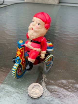 Vintage Tin Wind Up Toy Celluloid Santa On Tricycle - Made In Japan