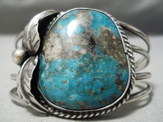 Rare Vintage Navajo Smokey Bisbee Turquoise Sterling Silver Leaf Bracelet