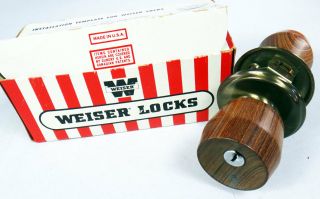 Mcm Mid Century Modern Door Knob Lock Wood Teak Key Vintage Plate Brass Weiser