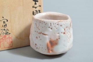 T5065: Japanese Shino - Ware White Glaze Sake Cup Tomio Suzuki Made W/signed Box