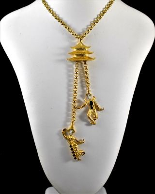Unique Vtg Kenneth J Lane Kjl Jeweled Gold Pagoda Thai Dancers Necklace Brooch