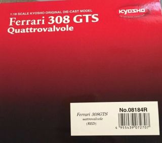 1/18 Kyosho Rare Soldout Ferrari 308 GTS Quattrovalvole Red 6