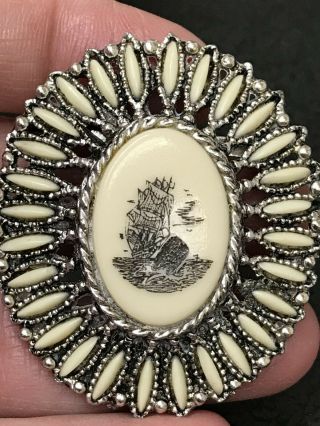Scrimshaw Style Ship Whale Scallop Needlepoint Stone Inlay Pin (real?) D - 2097
