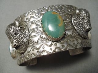 Very Rare Buffalo Head Native American Green Turquoise Sterling Silver Bracelet