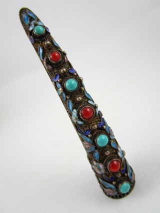 Lovely Antique Chinese Silver Filigree Turquoise Coral Enamel Nail Guard Pin