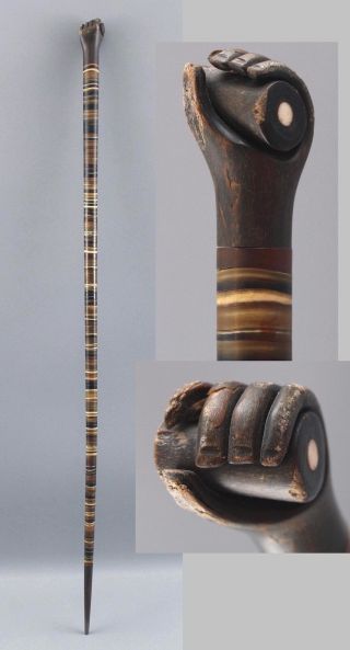 19thc Antique American Folk Art,  Horn - Wafer Cane W/ Carved Hand & Post,  Nr