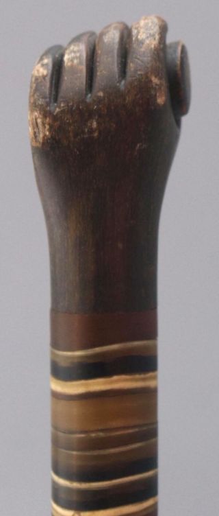 19thC Antique American Folk Art,  Horn - Wafer Cane w/ Carved Hand & Post,  NR 4