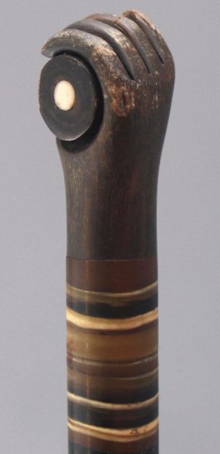 19thC Antique American Folk Art,  Horn - Wafer Cane w/ Carved Hand & Post,  NR 5